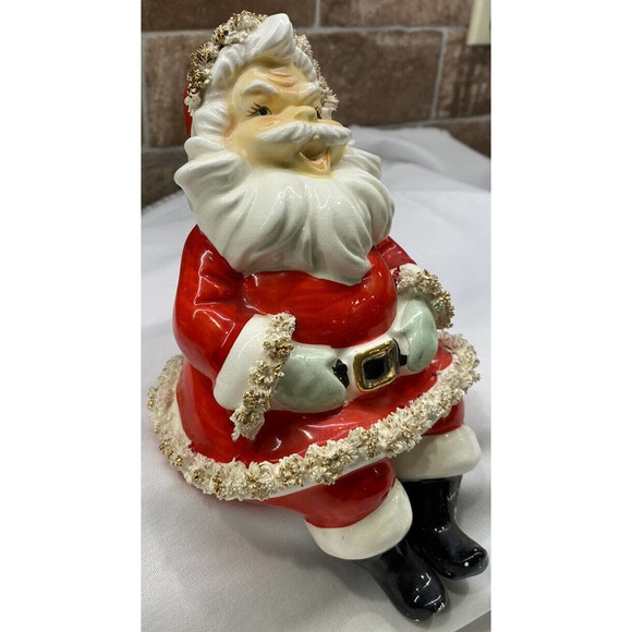 Vtg Lefton Spaghetti Trim Shelf Sitter Santa Clause 1950's 8" Ceramic Japan - Picture 6 of 12